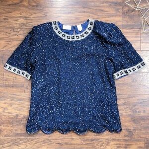 Scala • 80s vintage beaded blouse silk sequins midnight blue navy silver scallop